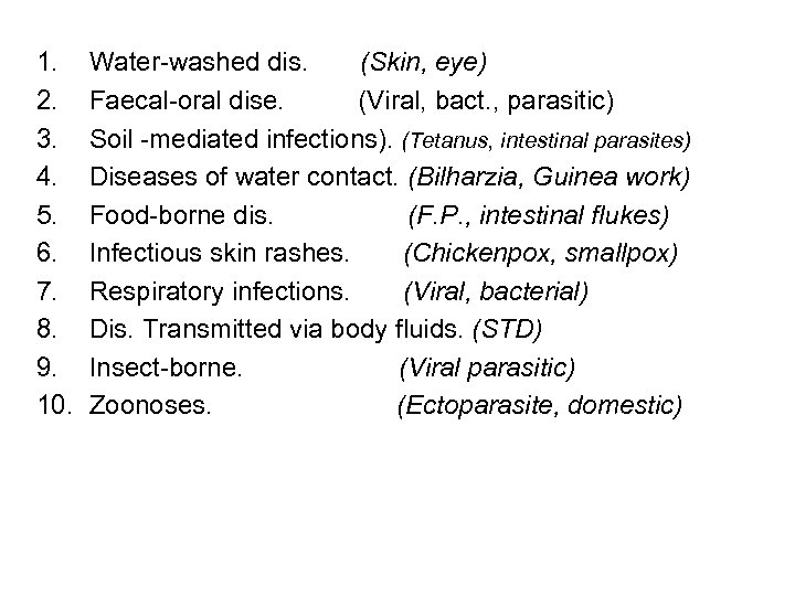 1. 2. 3. 4. 5. 6. 7. 8. 9. 10. Water-washed dis. (Skin, eye)