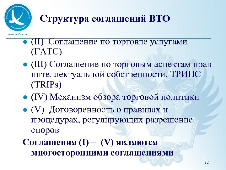 Структура соглашений ВТО www. worldec. ru (II) Соглашение по торговле услугами (ГАТС) l (III)