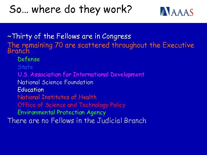 So… where do they work? ~Thirty of the Fellows are in Congress The remaining