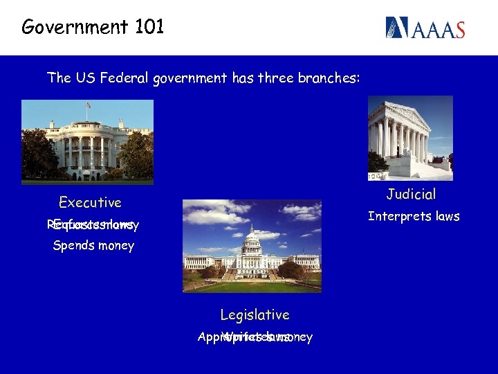 Government 101 The US Federal government has three branches: Judicial Executive Interprets laws Requests