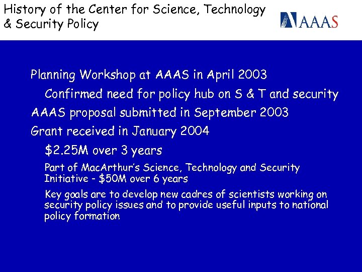 History of the Center for Science, Technology & Security Policy Planning Workshop at AAAS