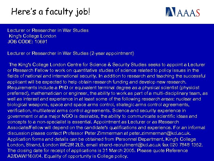 Here’s a faculty job! Lecturer or Researcher in War Studies King's College London JOB