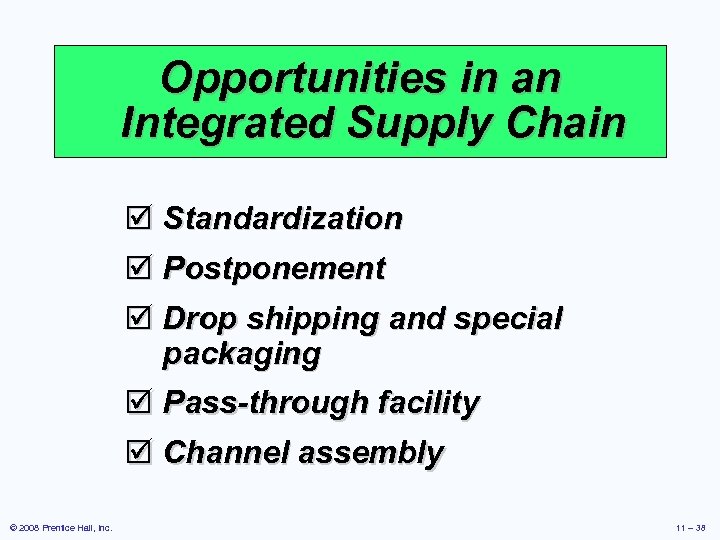 Opportunities in an Integrated Supply Chain þ Standardization þ Postponement þ Drop shipping and