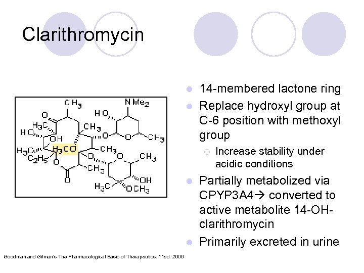 Clarithromycin 14 -membered lactone ring l Replace hydroxyl group at C-6 position with methoxyl