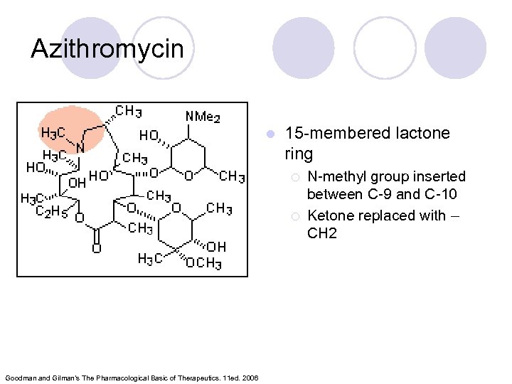 Azithromycin l 15 -membered lactone ring ¡ ¡ Goodman and Gilman’s The Pharmacological Basic