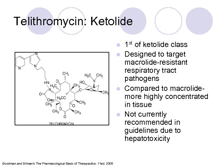 Telithromycin: Ketolide 1 st of ketolide class l Designed to target macrolide-resistant respiratory tract