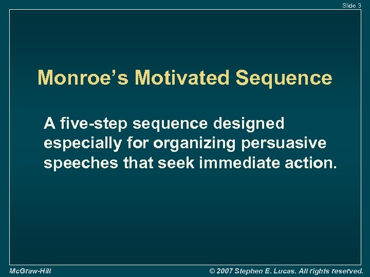 Slide 3 Monroe’s Motivated Sequence A five-step sequence designed especially for organizing persuasive speeches
