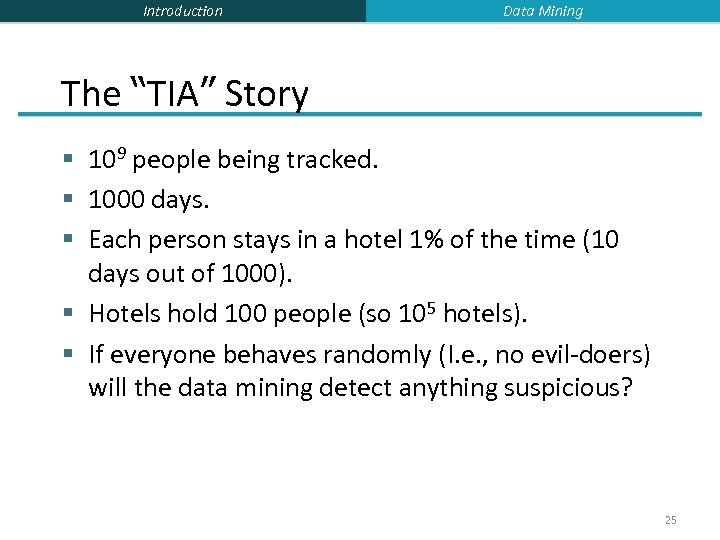 Introduction Data Mining The “TIA” Story § 109 people being tracked. § 1000 days.