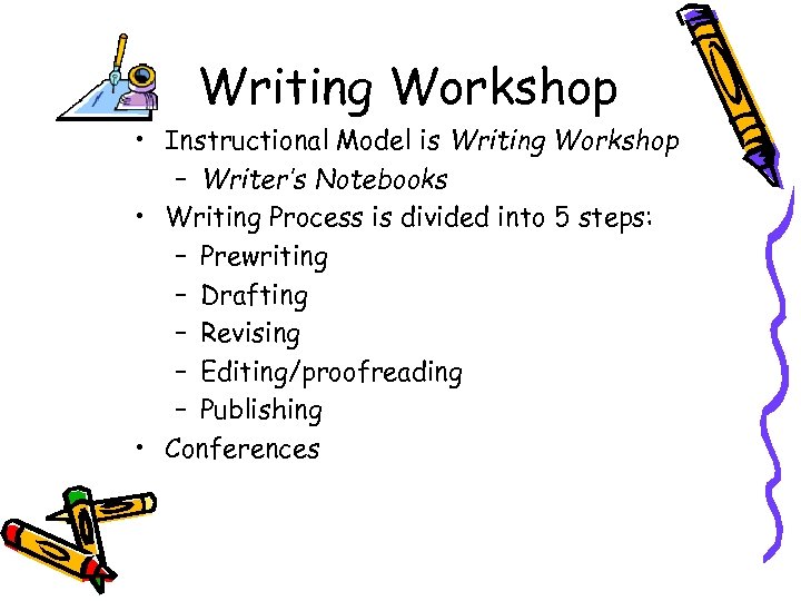 Writing Workshop • Instructional Model is Writing Workshop – Writer’s Notebooks • Writing Process