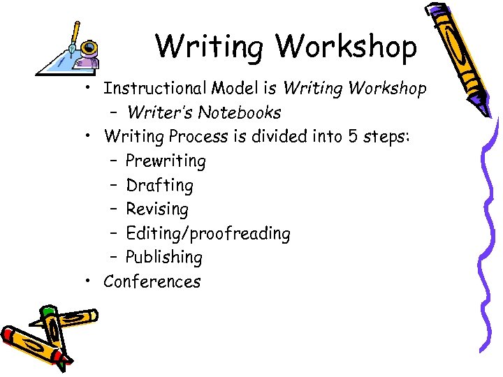 Writing Workshop • Instructional Model is Writing Workshop – Writer’s Notebooks • Writing Process