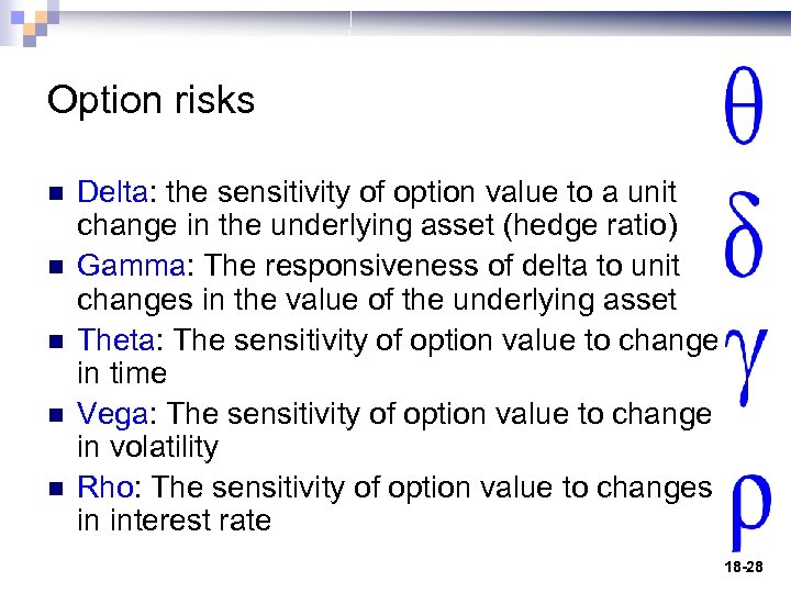 Option risks n n n Delta: the sensitivity of option value to a unit