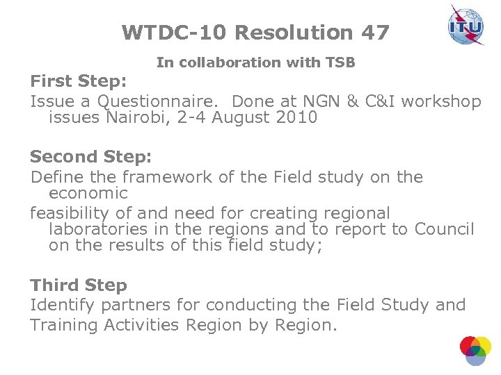 WTDC-10 Resolution 47 In collaboration with TSB First Step: Issue a Questionnaire. Done at