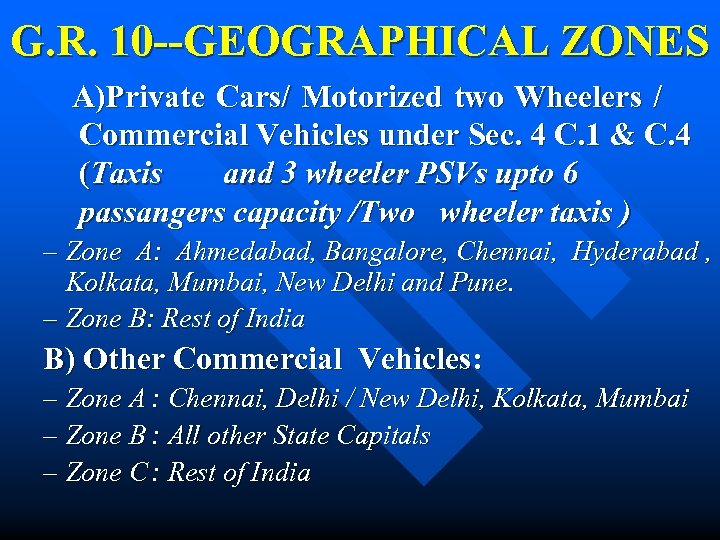 G. R. 10 --GEOGRAPHICAL ZONES A)Private Cars/ Motorized two Wheelers / Commercial Vehicles under