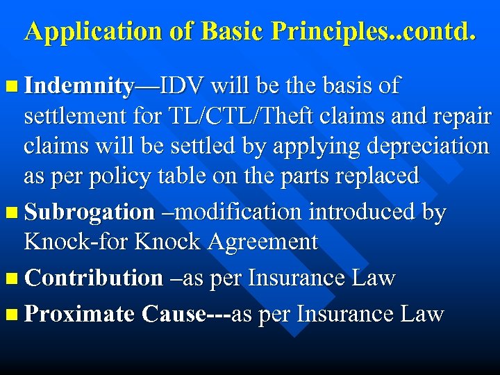 Application of Basic Principles. . contd. n Indemnity—IDV will be the basis of settlement