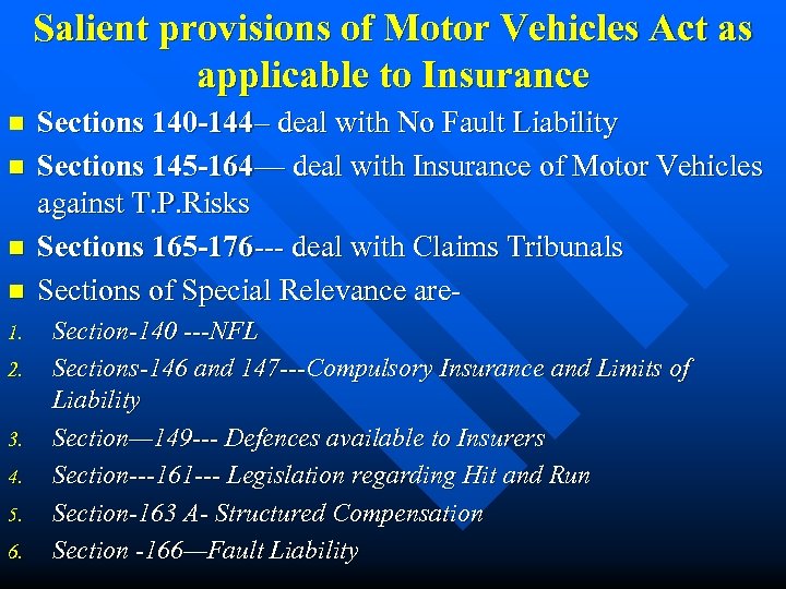 Salient provisions of Motor Vehicles Act as applicable to Insurance n n 1. 2.