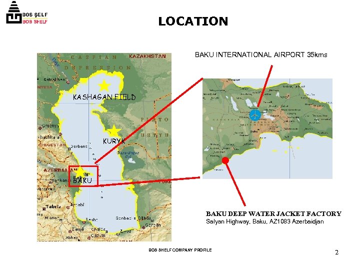 LOCATION BAKU INTERNATIONAL AIRPORT 35 kms KASHAGAN FIELD KURYK BAKU DEEP WATER JACKET FACTORY