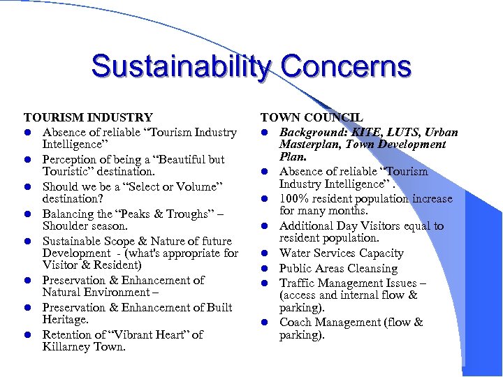 Sustainability Concerns TOURISM INDUSTRY l Absence of reliable “Tourism Industry Intelligence” l Perception of