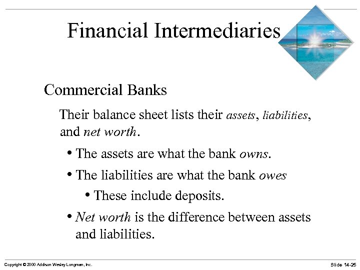 Financial Intermediaries Commercial Banks Their balance sheet lists their assets, liabilities, and net worth.