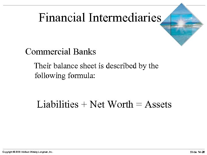 Financial Intermediaries Commercial Banks Their balance sheet is described by the following formula: Liabilities