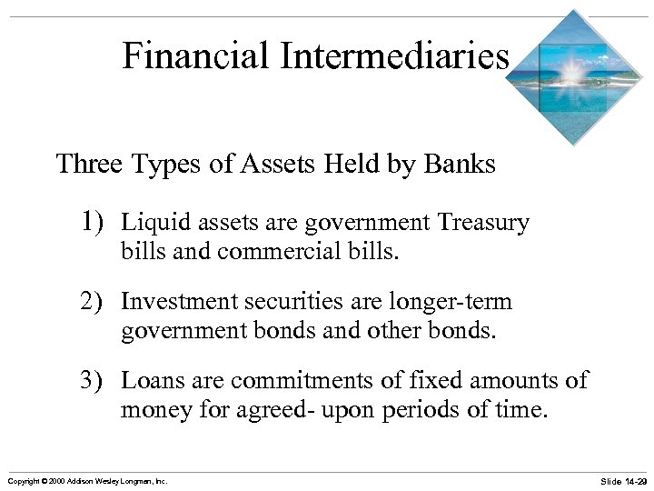 Financial Intermediaries Three Types of Assets Held by Banks 1) Liquid assets are government