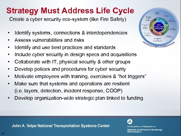 Strategy Must Address Life Cycle Create a cyber security eco-system (like Fire Safety) •