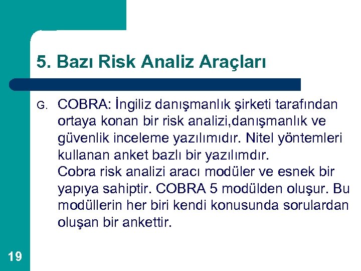 5. Bazı Risk Analiz Araçları G. 19 COBRA: İngiliz danışmanlık şirketi tarafından ortaya konan