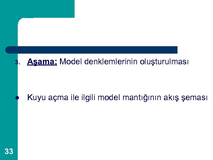 3. l 33 Aşama: Model denklemlerinin oluşturulması Kuyu açma ile ilgili model mantığının akış