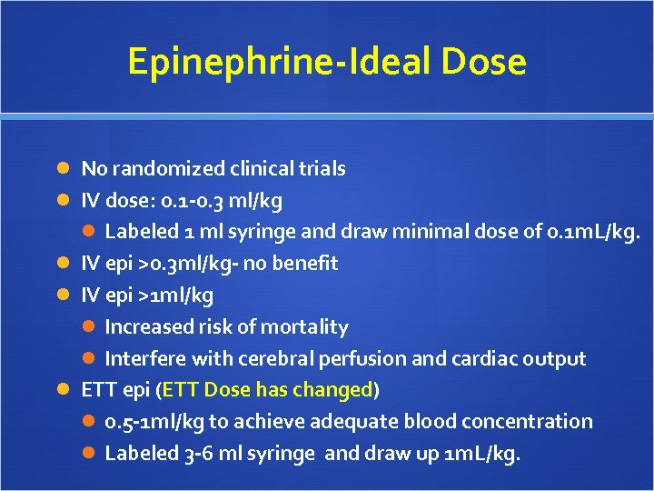 Epinephrine-Ideal Dose No randomized clinical trials IV dose: 0. 1 -0. 3 ml/kg Labeled