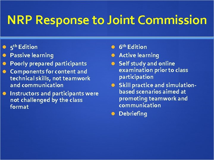 NRP Response to Joint Commission 5 th Edition Passive learning Poorly prepared participants Components