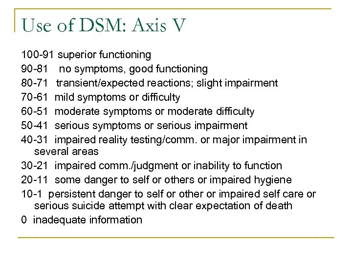 Use of DSM: Axis V 100 -91 superior functioning 90 -81 no symptoms, good