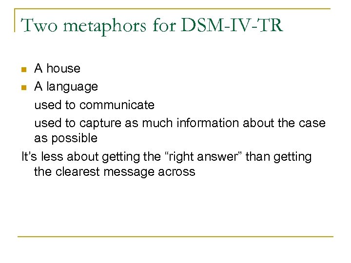 Two metaphors for DSM-IV-TR A house n A language used to communicate used to