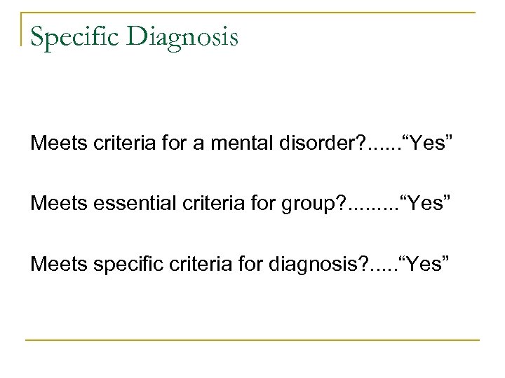 Specific Diagnosis Meets criteria for a mental disorder? . . . “Yes” Meets essential