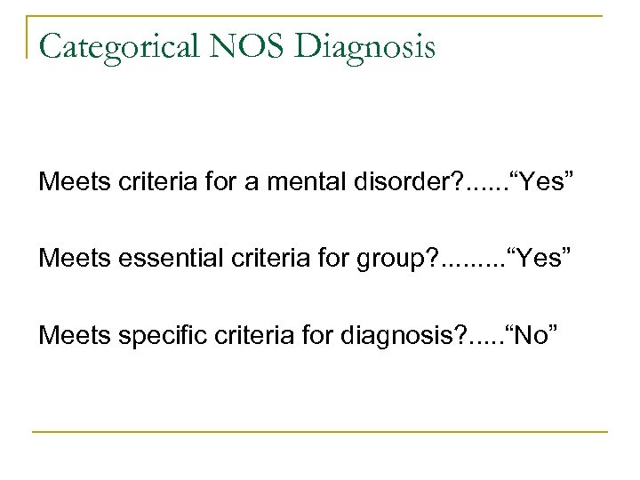 Categorical NOS Diagnosis Meets criteria for a mental disorder? . . . “Yes” Meets