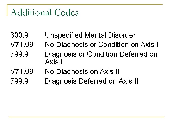 Additional Codes 300. 9 V 71. 09 799. 9 Unspecified Mental Disorder No Diagnosis
