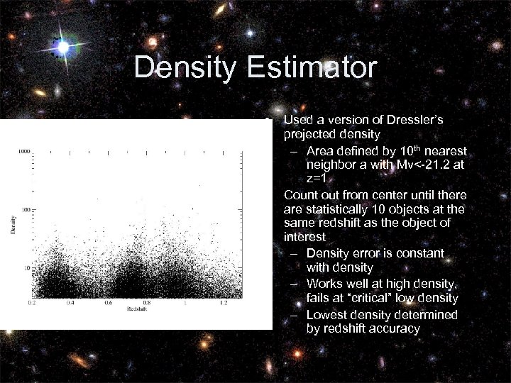 Density Estimator • • Used a version of Dressler’s projected density – Area defined