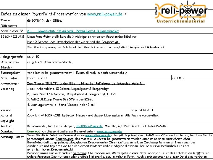 Infos zu dieser Power. Point-Präsentation von www. reli-power. de : Thema GEBOTE in der