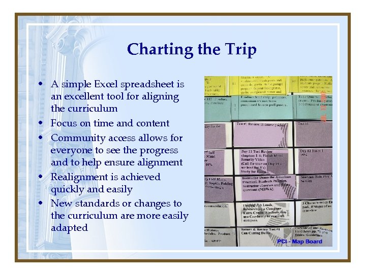 Charting the Trip • A simple Excel spreadsheet is an excellent tool for aligning