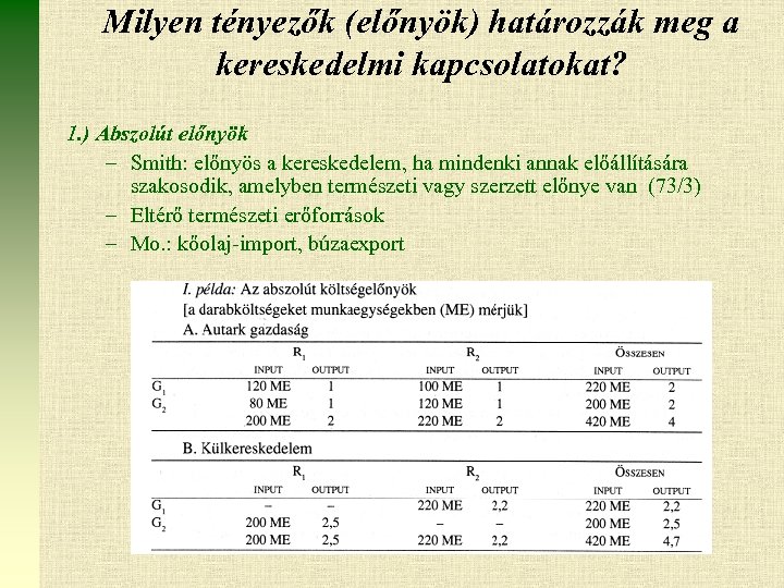 Milyen tényezők (előnyök) határozzák meg a kereskedelmi kapcsolatokat? 1. ) Abszolút előnyök – Smith: