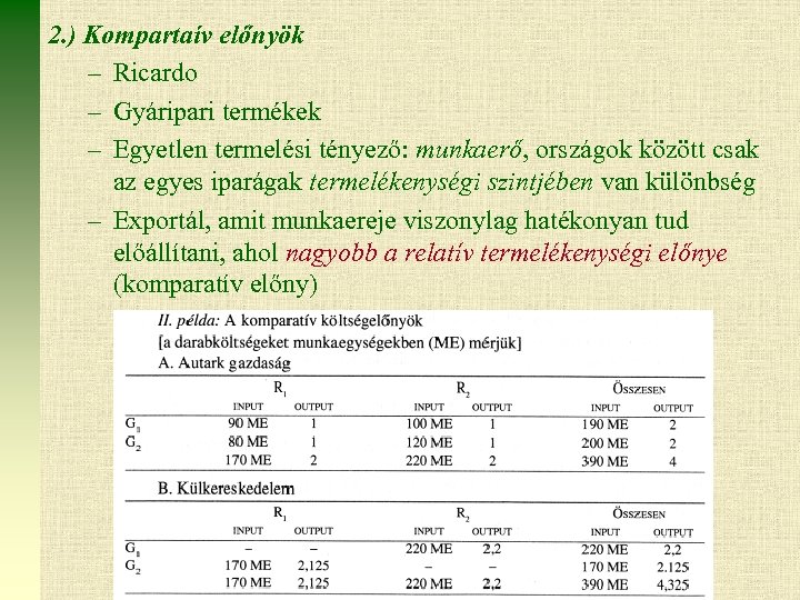 2. ) Kompartaív előnyök – Ricardo – Gyáripari termékek – Egyetlen termelési tényező: munkaerő,