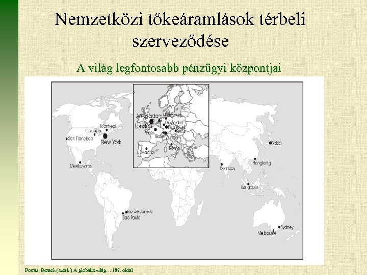 Nemzetközi tőkeáramlások térbeli szerveződése A világ legfontosabb pénzügyi központjai Forrás: Bernek (szerk. ) A