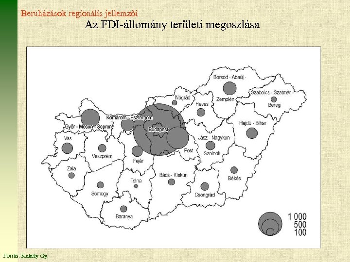 Beruházások regionális jellemzői Az FDI-állomány területi megoszlása Forrás: Kukely Gy. 