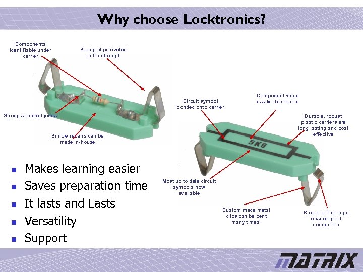 Why choose Locktronics? Components identifiable under carrier Spring clips riveted on for strength Circuit