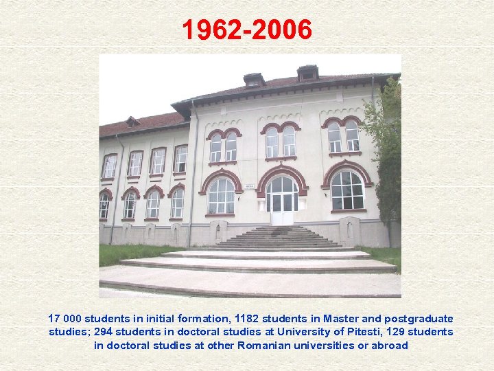 1962 -2006 17 000 students in initial formation, 1182 students in Master and postgraduate