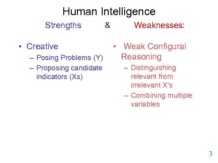 Human Intelligence Strengths • Creative – Posing Problems (Y) – Proposing candidate indicators (Xs)