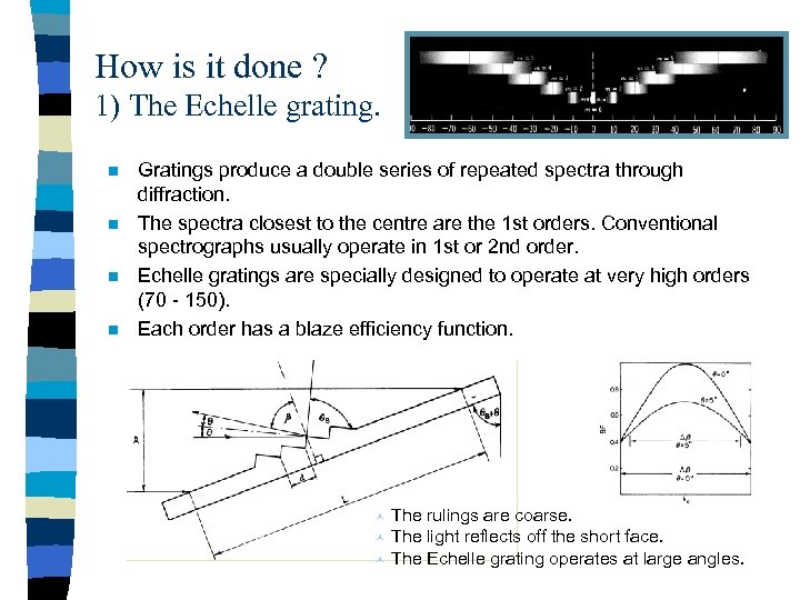 How is it done ? 1) The Echelle grating. n n Gratings produce a