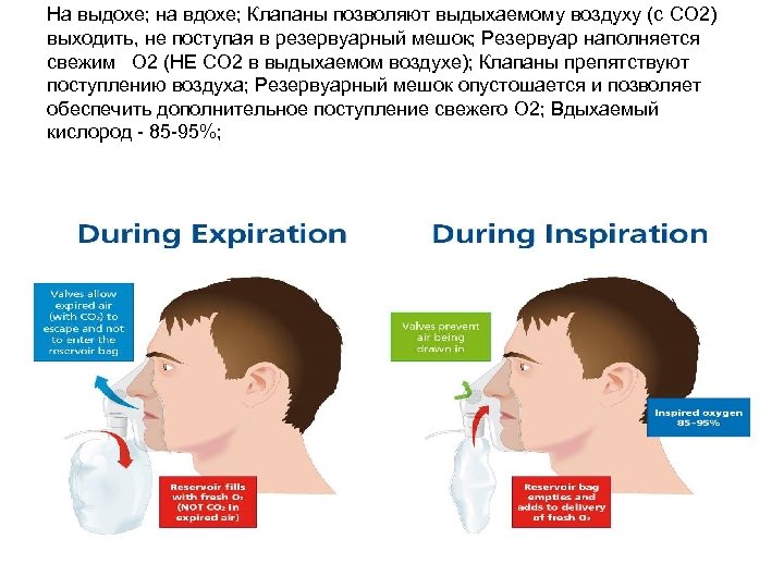 На выдохе; на вдохе; Клапаны позволяют выдыхаемому воздуху (с CO 2) выходить, не поступая