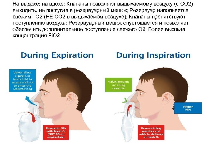 На выдохе; на вдохе; Клапаны позволяют выдыхаемому воздуху (с CO 2) выходить, не поступая