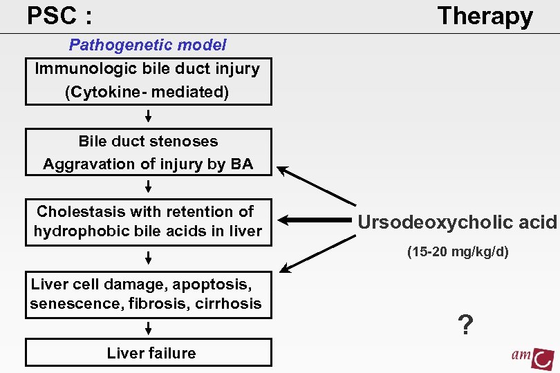 PSC : Therapy Pathogenetic model Immunologic bile duct injury (Cytokine- mediated) Bile duct stenoses