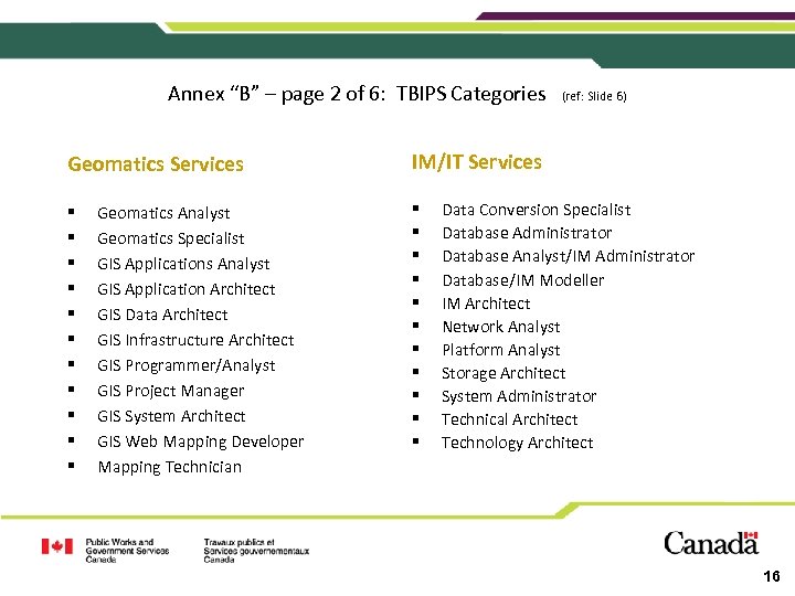 Annex “B” – page 2 of 6: TBIPS Categories (ref: Slide 6) Geomatics Services