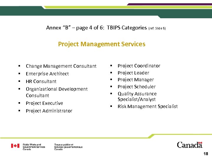 Annex “B” – page 4 of 6: TBIPS Categories (ref: Slide 6) Project Management